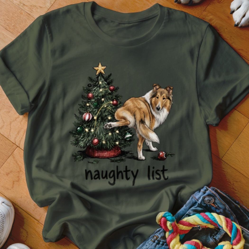 Collie dog next to a Christmas tree with the text "naughty list".