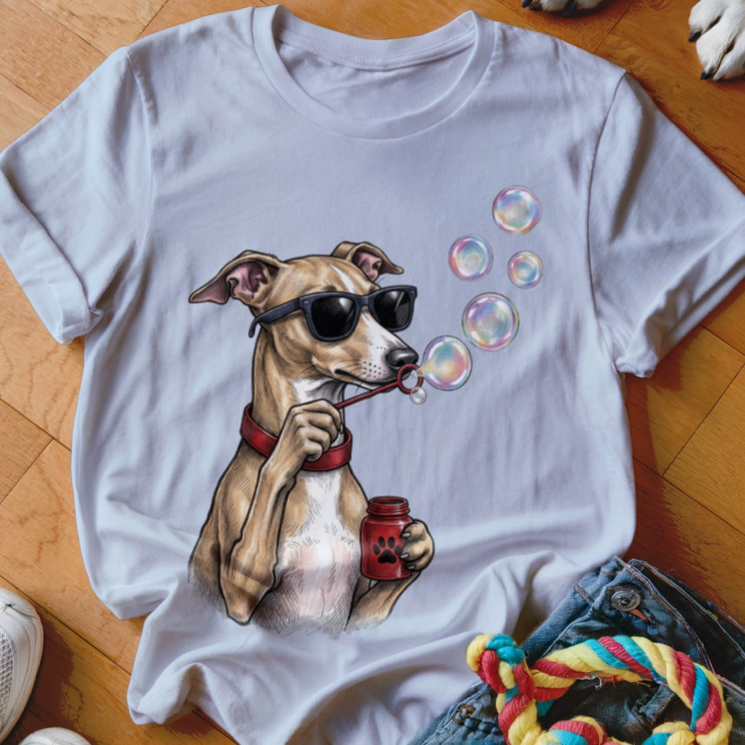 A white crewneck t-shirt featuring a graphic of a dog in sunglasses blowing bubbles.