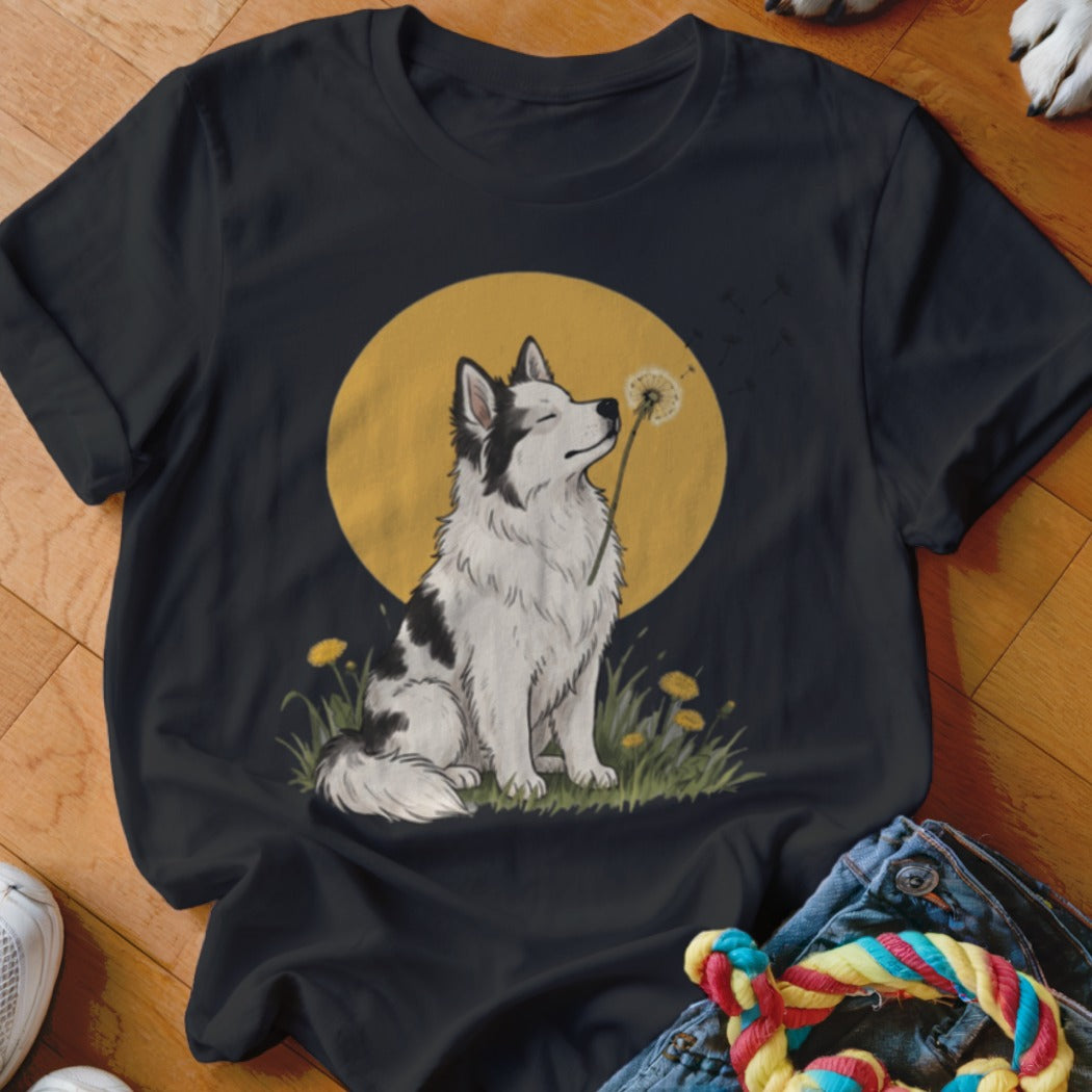 Black t-shirt featuring an illustration of a black and white dog blowing a dandelion seed.