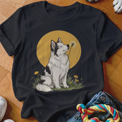 Black t-shirt featuring an illustration of a black and white dog blowing a dandelion seed.