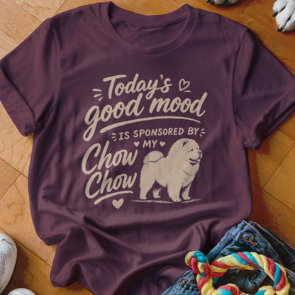 Maroon t-shirt with "Today's good mood is sponsored by my Chow Chow" text and dog graphic.