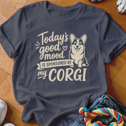 Navy t-shirt with "Today's good mood is sponsored by my corgi" text and corgi illustration.