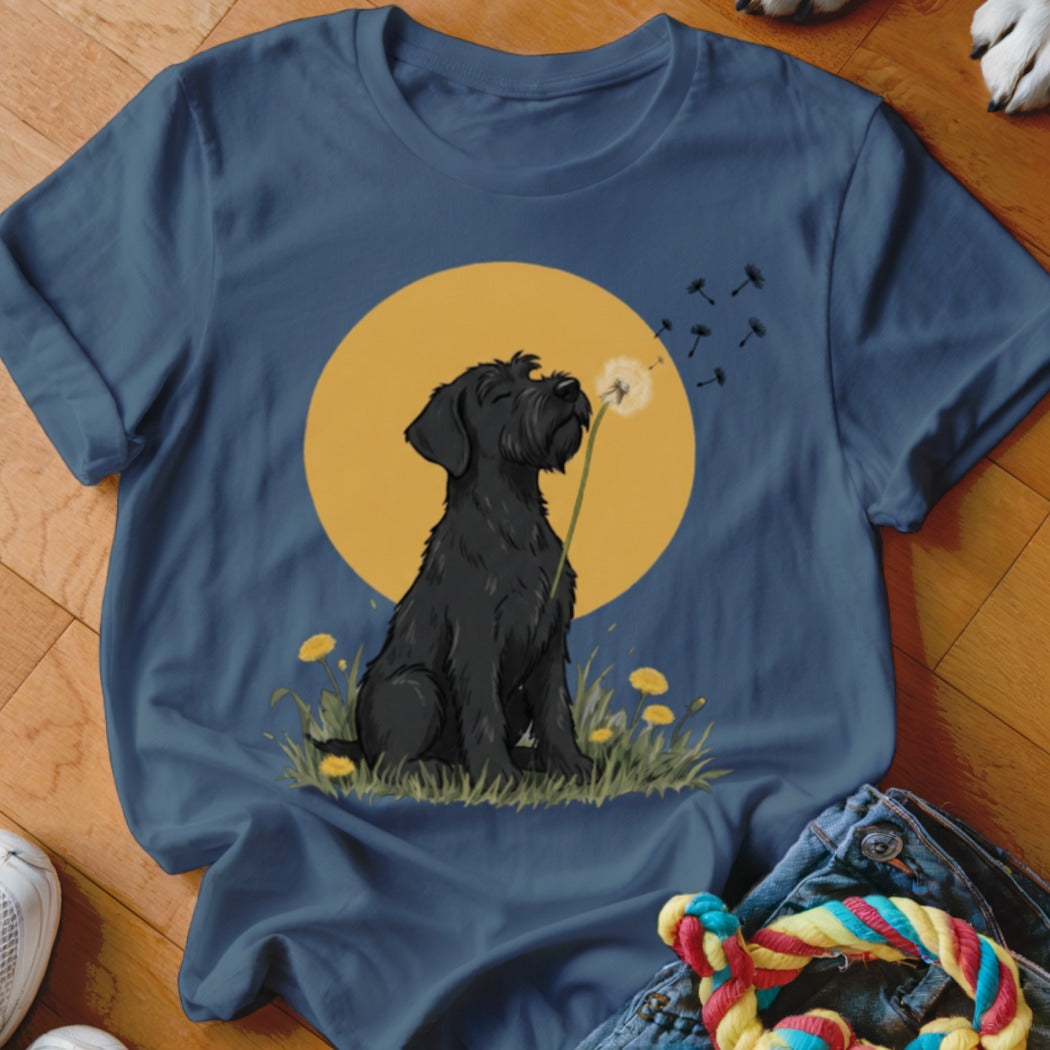 Dark blue t-shirt featuring a graphic of a black dog blowing dandelion seeds against a yellow circle.