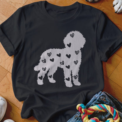 Black t-shirt with a white silhouette of a dog covered in black hearts.