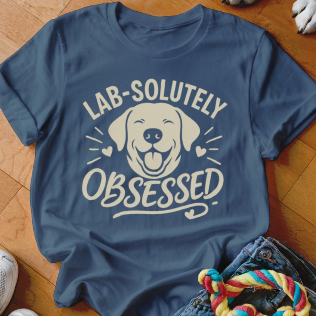 Blue t-shirt with distressed text "LAB-SOLUTELY OBSESSED" and a happy dog face.