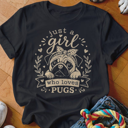 Black t-shirt with a pug wearing a bandana and text "just a girl who loves pugs".