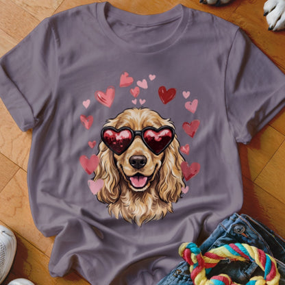 A gray t-shirt features a graphic of a golden spaniel wearing heart-shaped sunglasses surrounded by pink hearts.