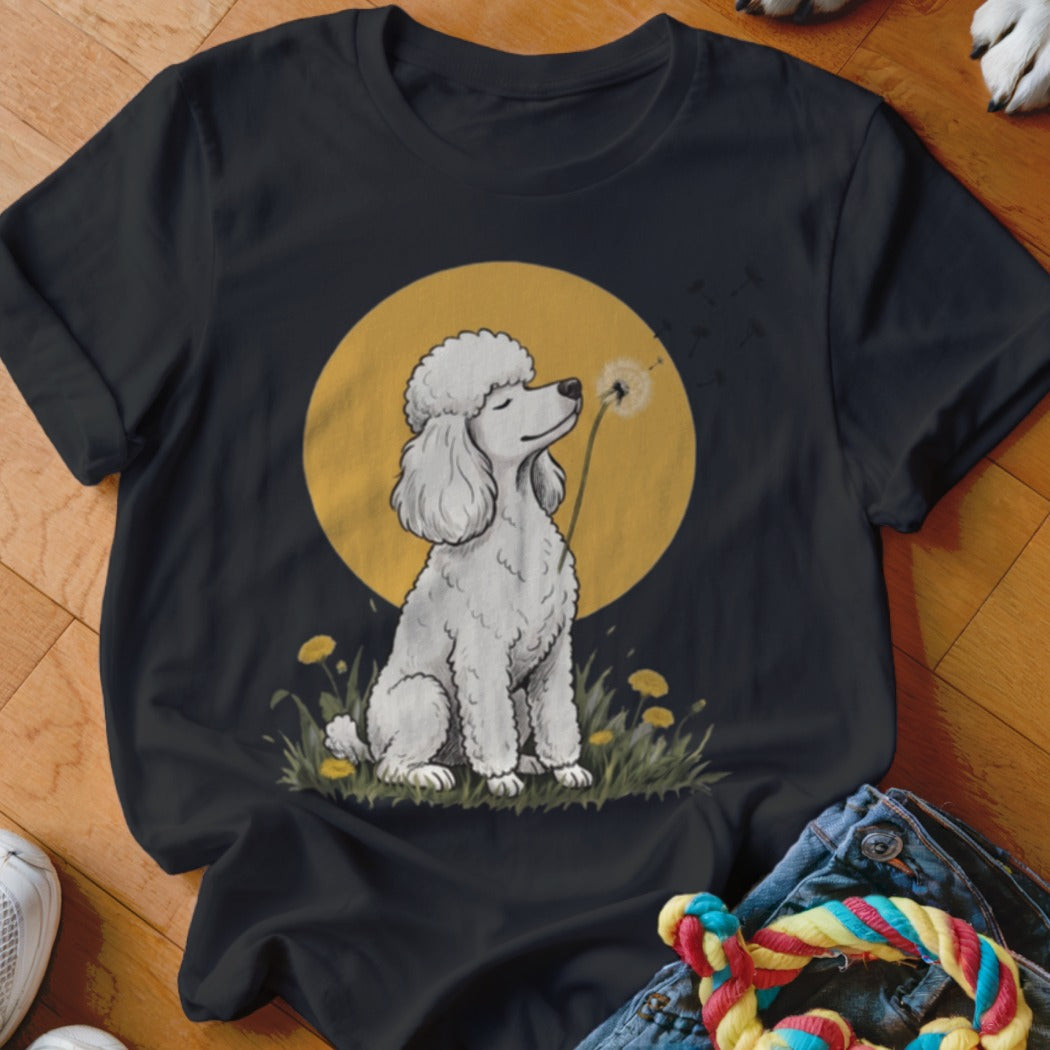 A black crewneck t-shirt featuring an illustration of a white poodle sniffing a dandelion against a yellow circle background.