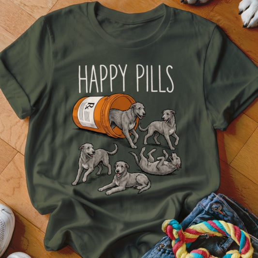 T-shirt with "HAPPY PILLS" text and dogs spilling from a pill bottle.