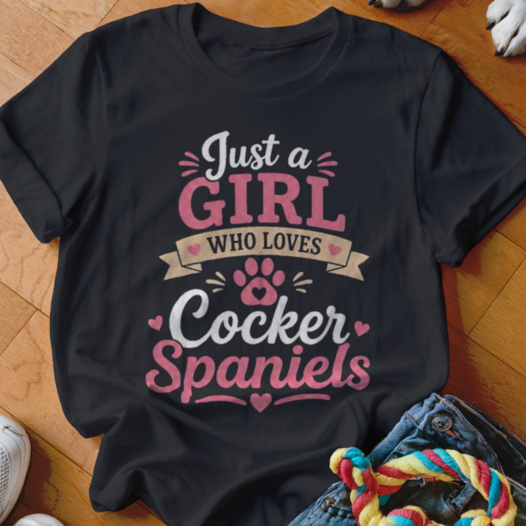 Black t-shirt with pink text "Just a girl who loves Cocker Spaniels" and paw print.