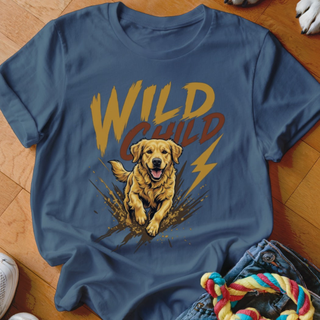 Blue crewneck t-shirt featuring a graphic of a golden retriever running through mud with text that reads Wild Child.
