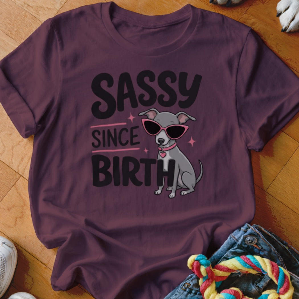 T-shirt with "Sassy Since Birth" text and a dog wearing sunglasses.