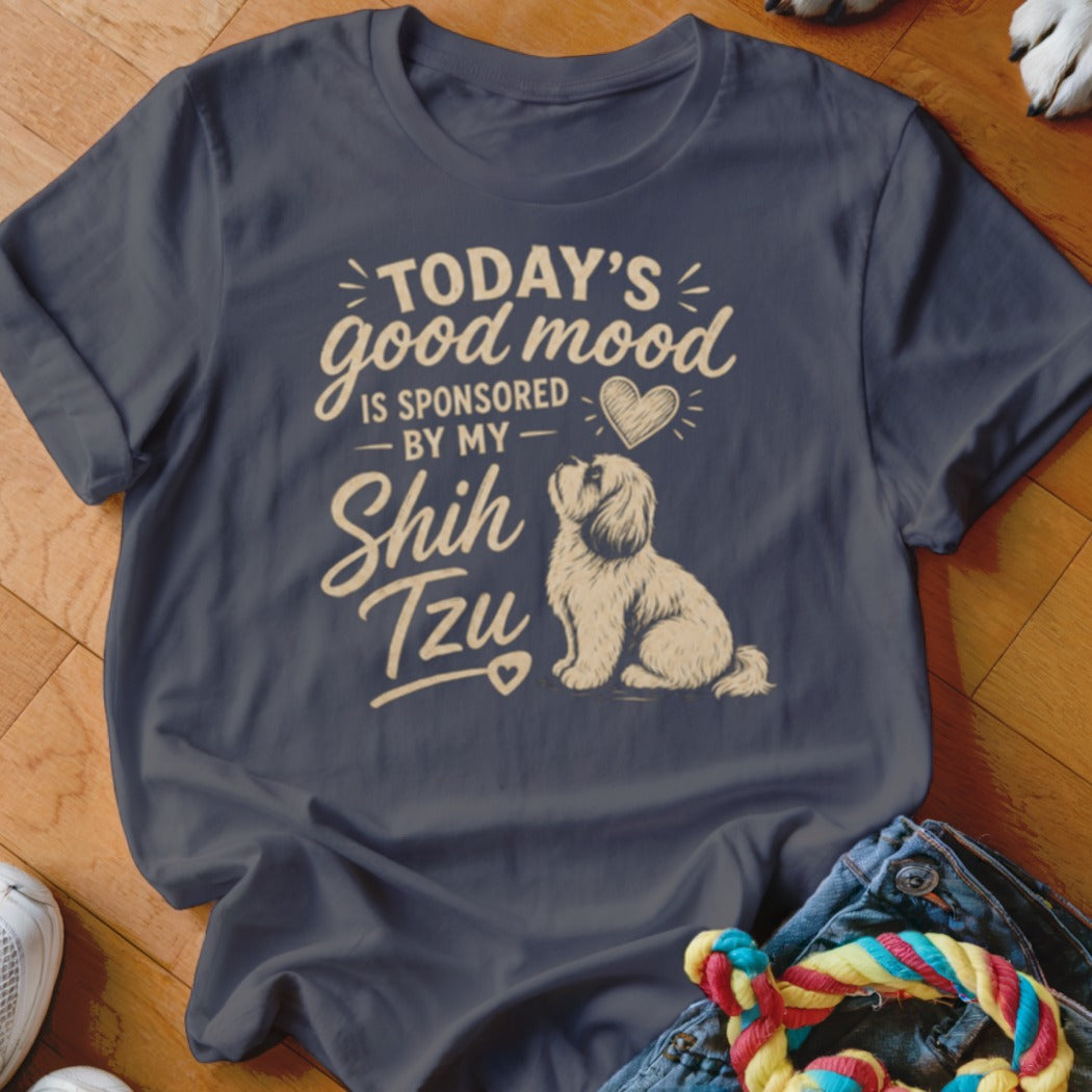 Dark grey t-shirt with "Today's good mood is sponsored by my Shih Tzu" text and dog graphic.