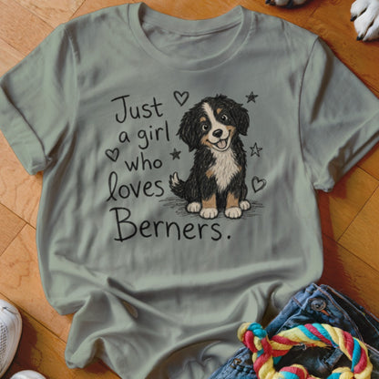 Light grey t-shirt with cartoon Bernese Mountain Dog and text "Just a girl who loves Berners."