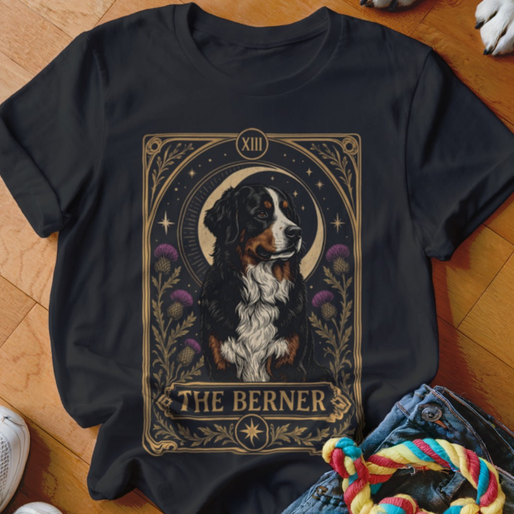 Black t-shirt featuring a tarot card graphic of a Bernese Mountain Dog with the text THE BERNER.