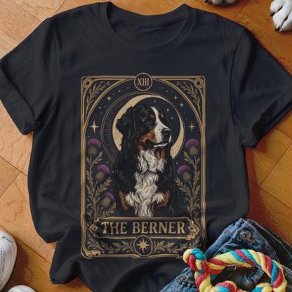 Black t-shirt featuring a tarot card graphic of a Bernese Mountain Dog with the text THE BERNER.