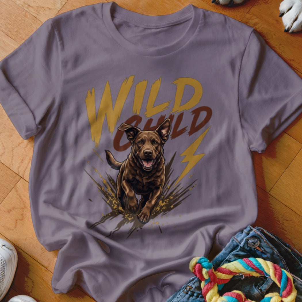 A purple t-shirt featuring a graphic of a brown dog and the text WILD CHILD.