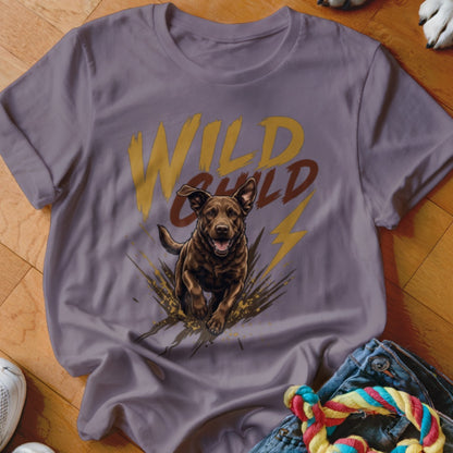 A purple t-shirt featuring a graphic of a brown dog and the text WILD CHILD.