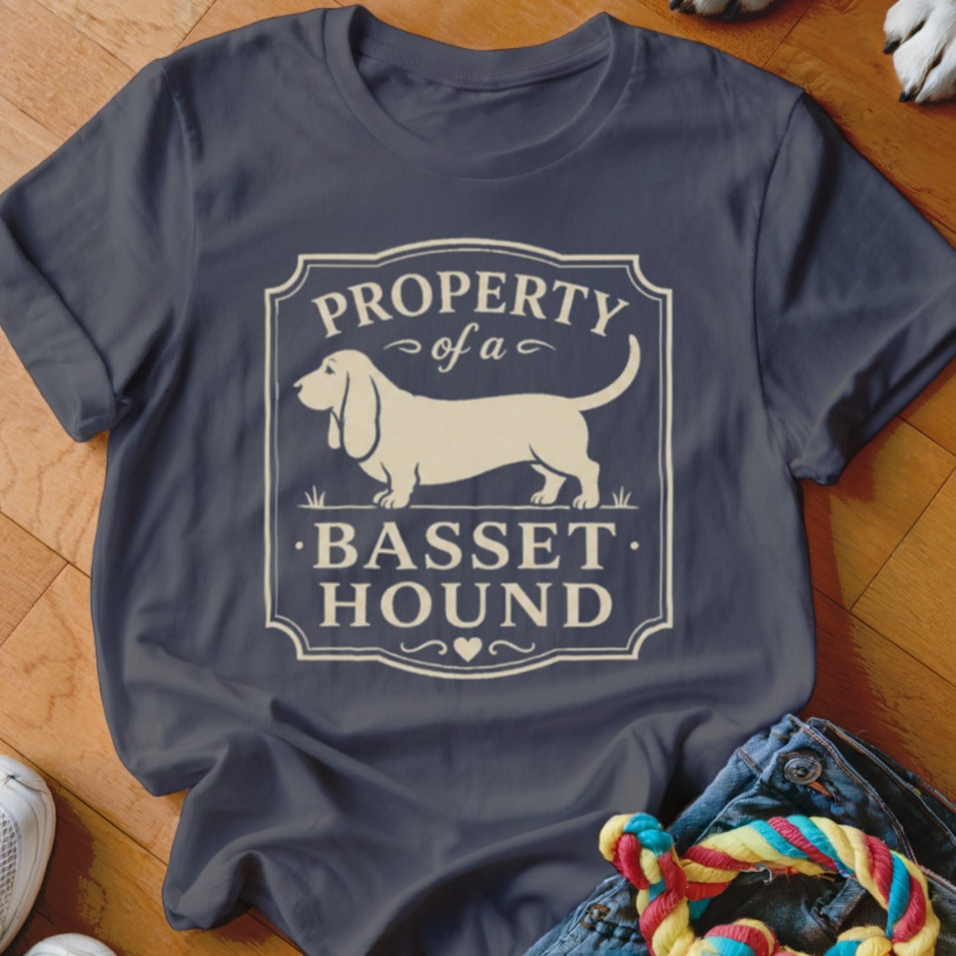 Dark blue t-shirt with "Property of a Basset Hound" text and Basset Hound silhouette.