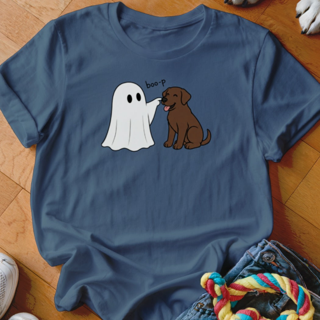 A ghost boops a chocolate lab, text says "boo-p".
