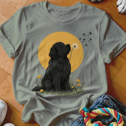 Sage green t-shirt featuring an illustration of a black dog blowing dandelion seeds against a yellow circle background.