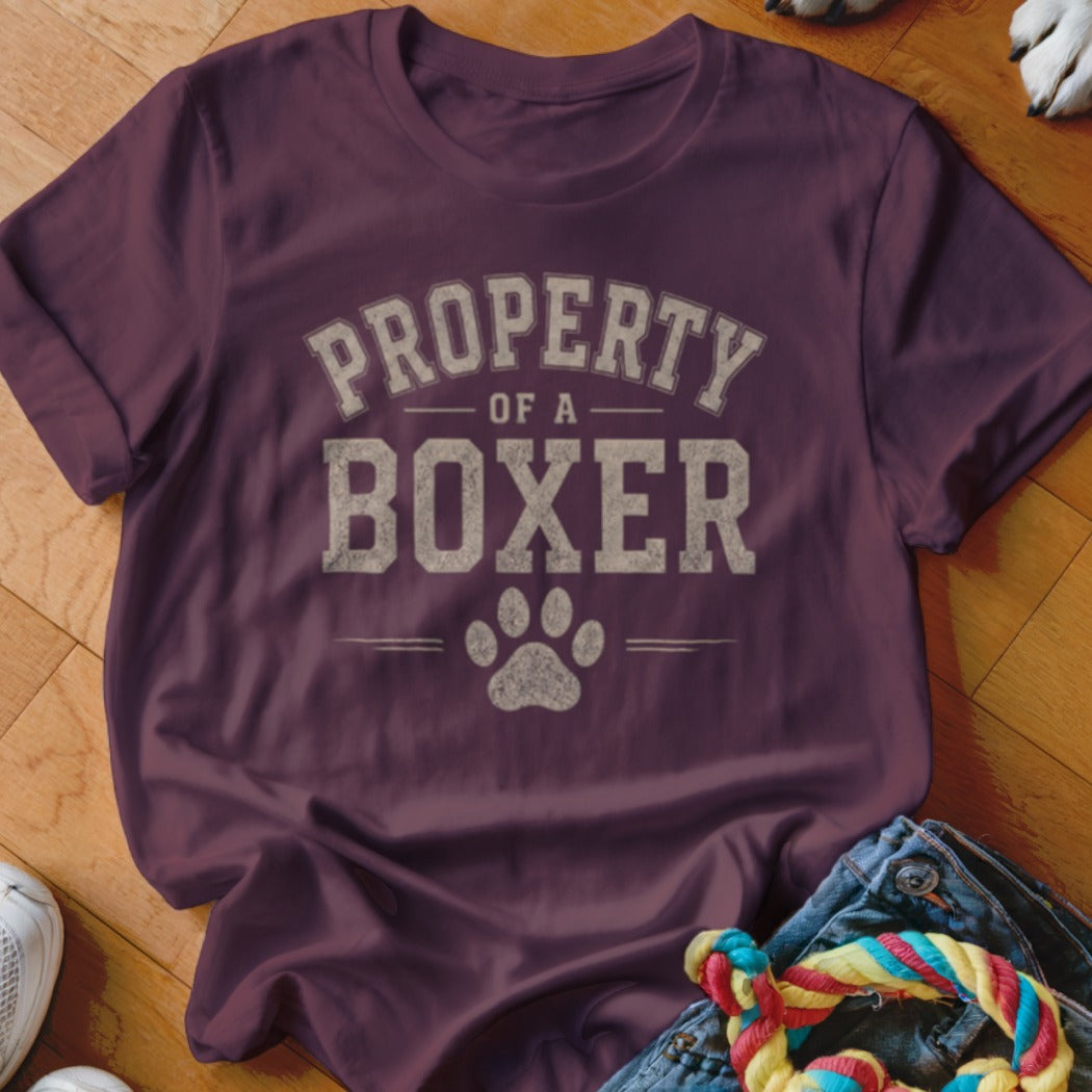 Maroon t-shirt with "Property of a Boxer" and paw print graphic.