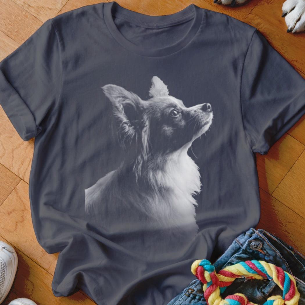 Grey t-shirt with a black and white portrait of a long-haired chihuahua looking up.