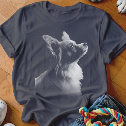 Grey t-shirt with a black and white portrait of a long-haired chihuahua looking up.
