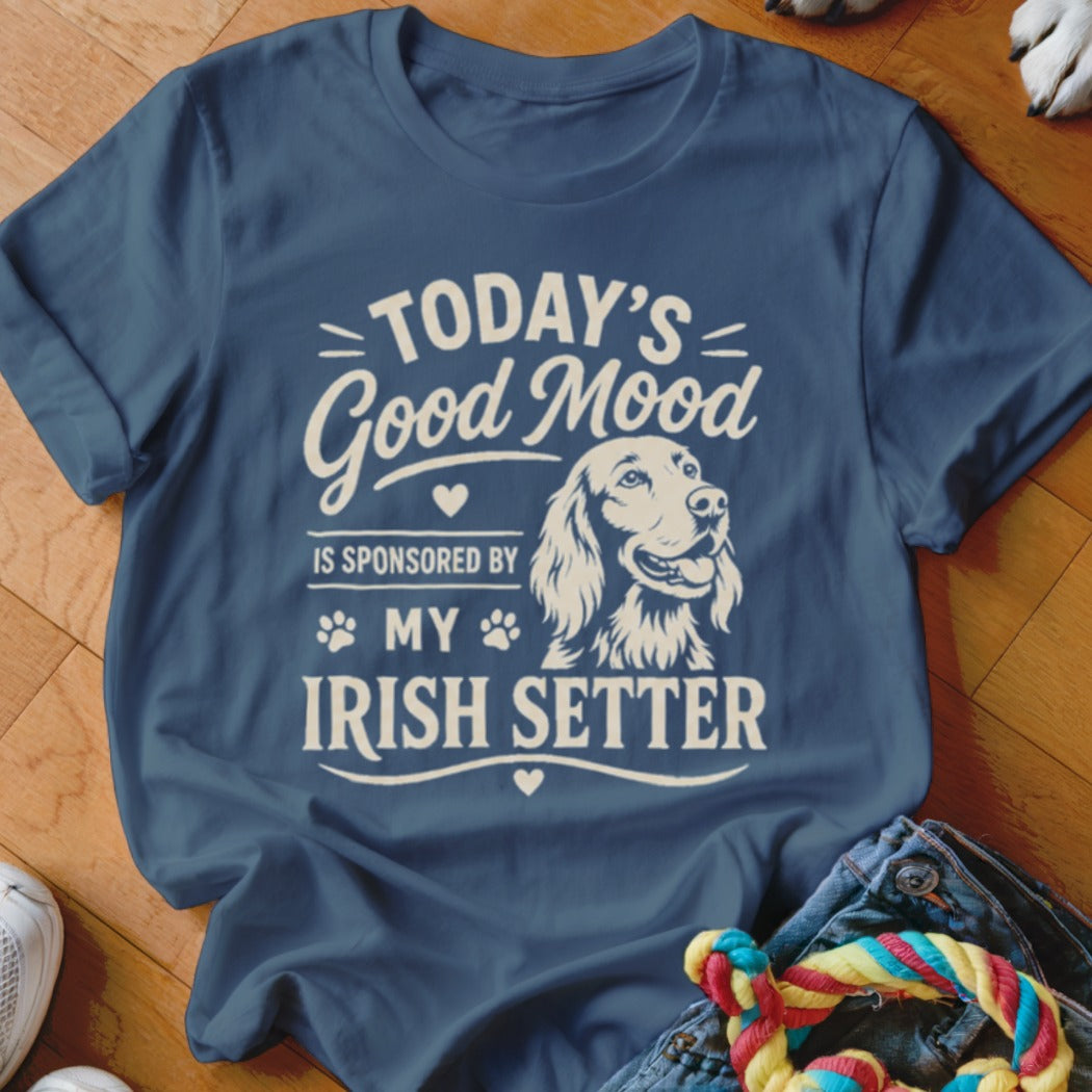 Navy t-shirt with cream text: "Today's Good Mood is Sponsored by My Irish Setter" and dog graphic.