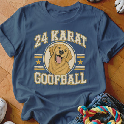 Navy blue t-shirt featuring a cartoon golden retriever graphic with text that reads 24 Karat Goofball.