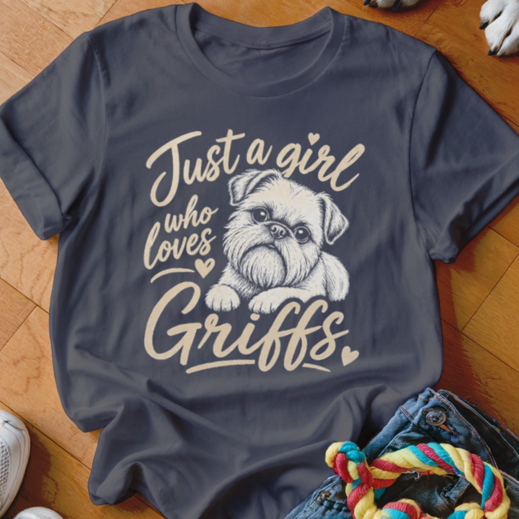 Dark t-shirt with "Just a girl who loves Griffs" text and dog illustration.