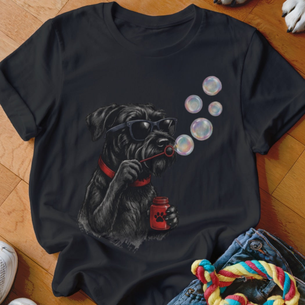 Black crewneck t-shirt featuring a graphic of a black dog wearing sunglasses and blowing soap bubbles.