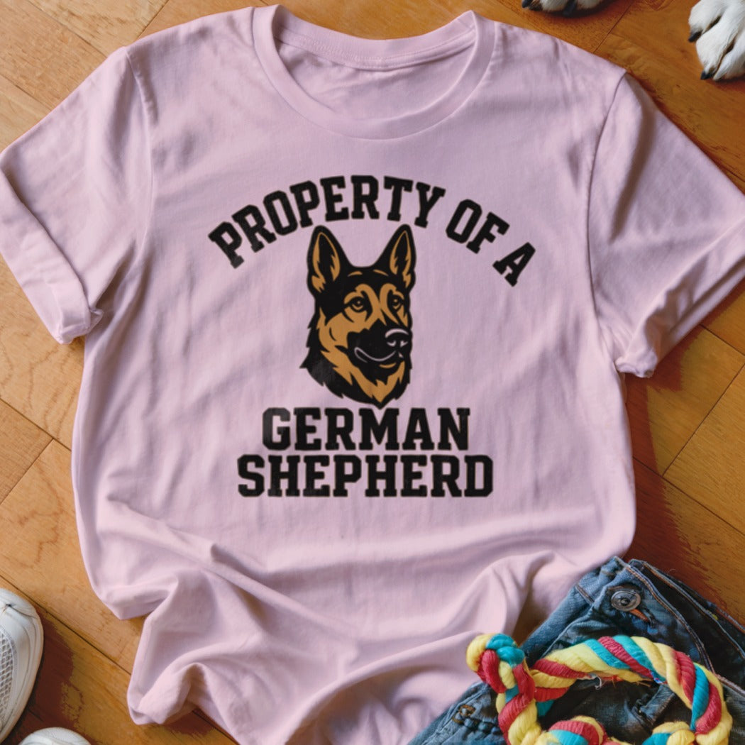 Pink t-shirt with German Shepherd head graphic and text "Property of a German Shepherd".