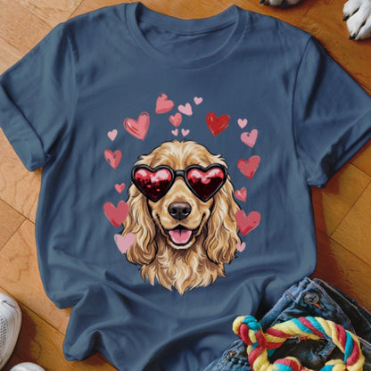 Blue t-shirt featuring an illustration of a golden cocker spaniel wearing heart-shaped sunglasses surrounded by pink hearts.