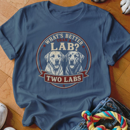 Blue t-shirt features two Labrador Retriever heads and text "What's Better Than a Lab? Two Labs".