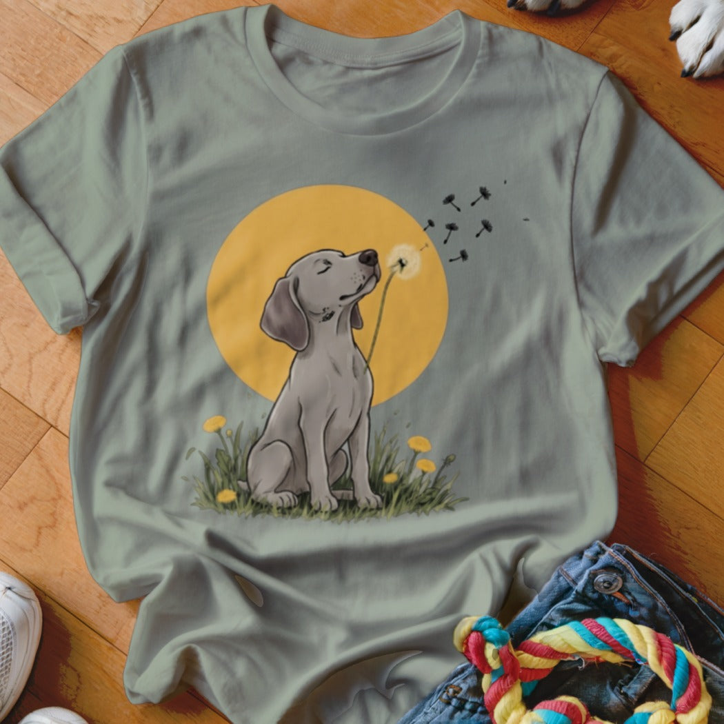 Sage green crewneck t-shirt featuring a cartoon illustration of a grey dog blowing dandelion seeds against a yellow sun.