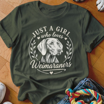 Green t-shirt with "Just a girl who loves Weimaraners" and dog graphic.