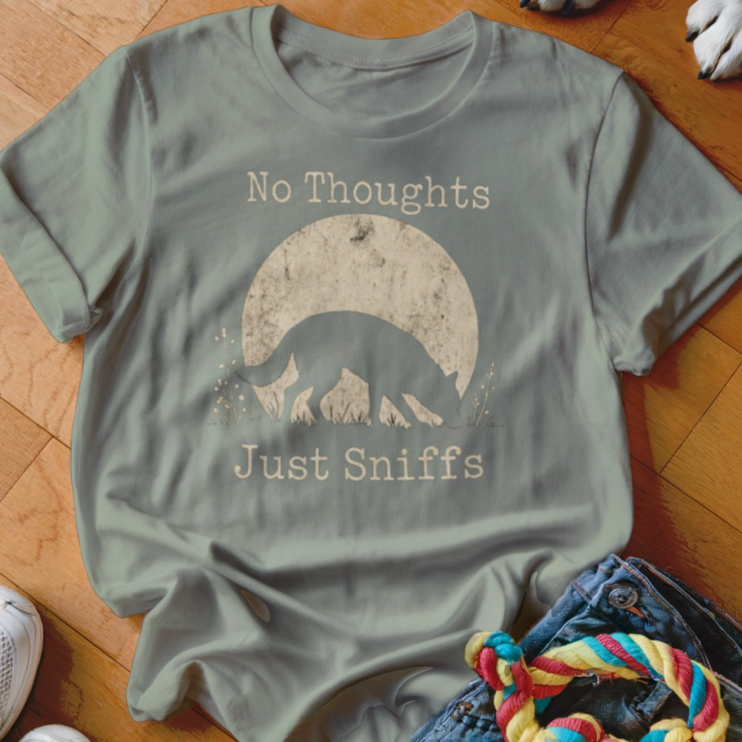 Light blue t-shirt with "No Thoughts Just Sniffs" text and dog silhouette.