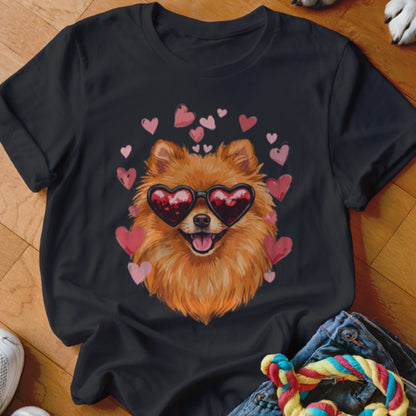 Black t-shirt featuring an illustration of a fluffy Pomeranian wearing heart-shaped sunglasses surrounded by floating pink hearts.