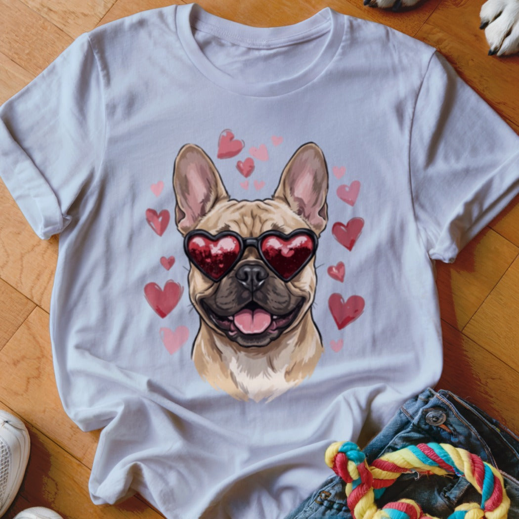 White t-shirt featuring a graphic of a French bulldog wearing heart-shaped sunglasses, surrounded by pink hearts.