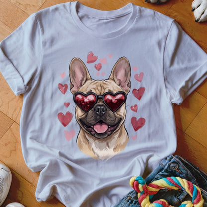 White t-shirt featuring a graphic of a French bulldog wearing heart-shaped sunglasses, surrounded by pink hearts.