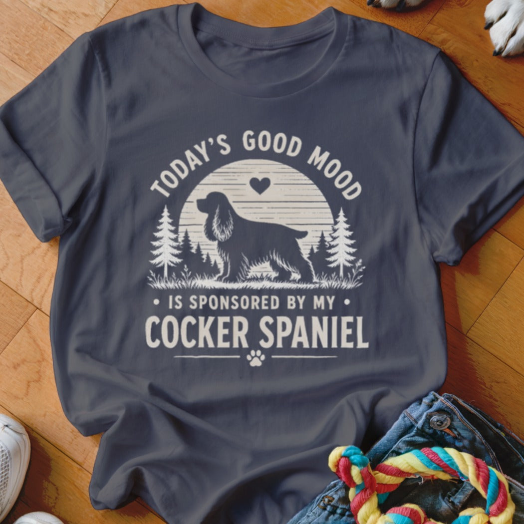 Dark grey t-shirt with "Today's Good Mood Is Sponsored By My Cocker Spaniel" text.