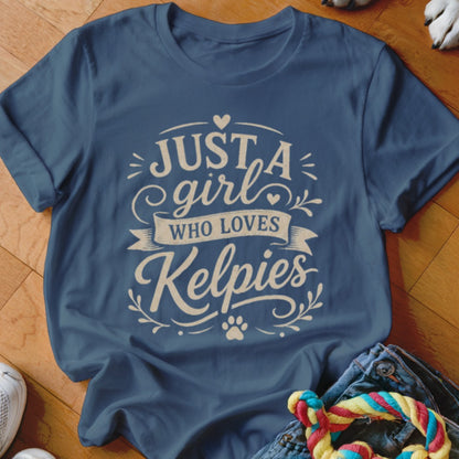 Dark blue t-shirt with "Just a girl who loves Kelpies" text design.