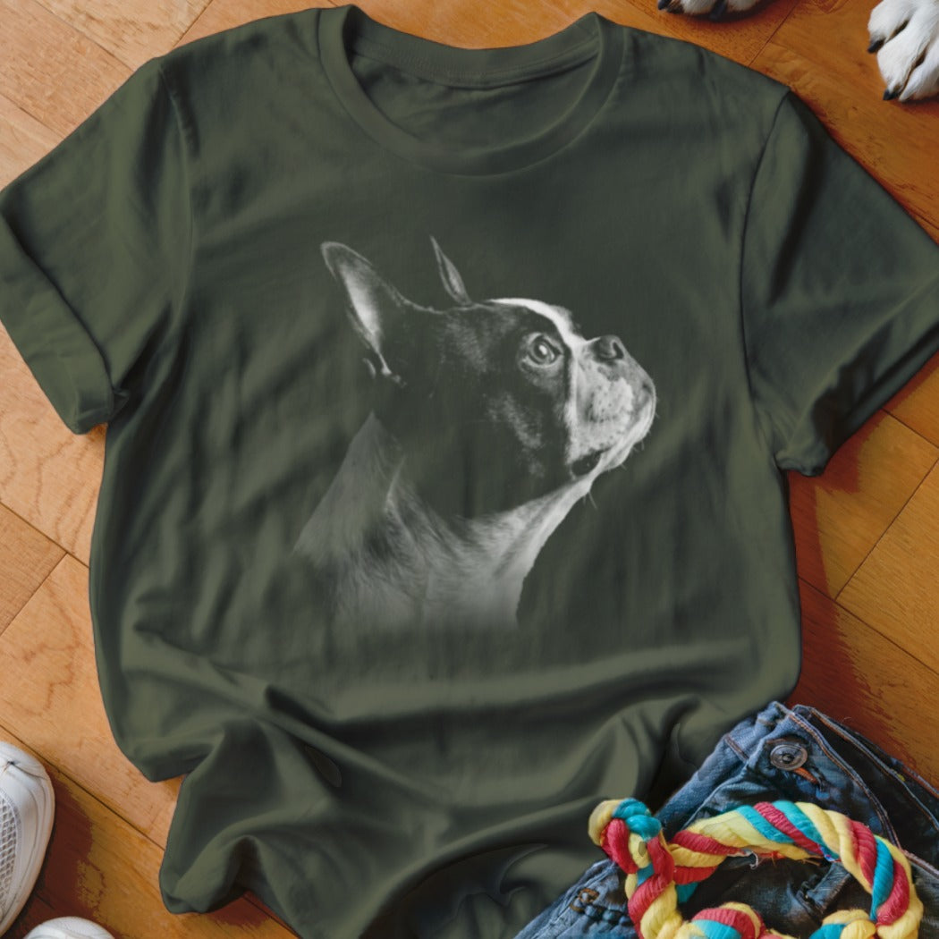 Green t-shirt with a black and white Boston Terrier portrait graphic.
