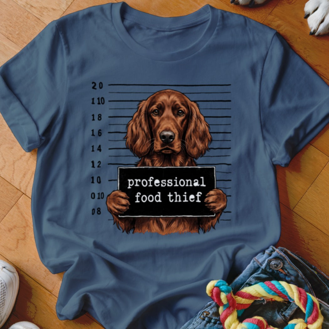 Irish Setter mugshot on blue t-shirt reads "professional food thief".