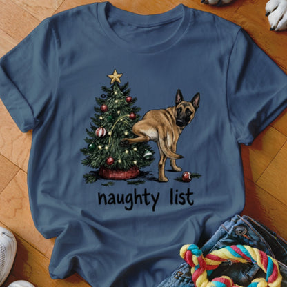 Dog lifting leg on Christmas tree with "naughty list" text.