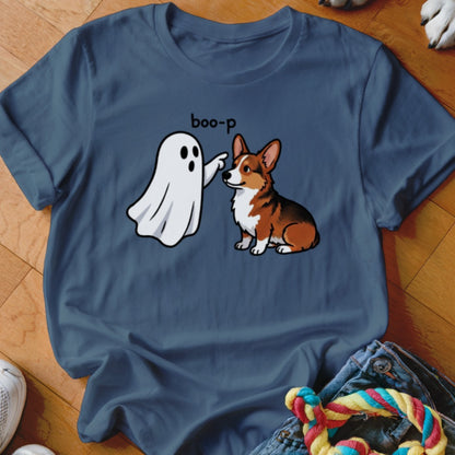 Cartoon ghost booping a corgi with "boo-p" text above.