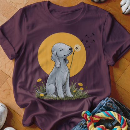 Maroon t-shirt featuring an illustration of a grey dog sitting and blowing a dandelion seed head against a large yellow circle.