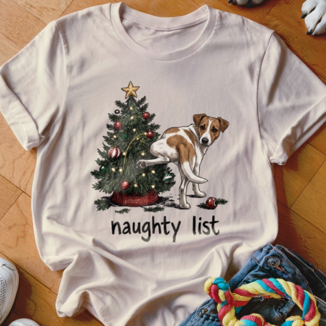 White t-shirt with a Christmas tree and a Jack Russell terrier on the naughty list.