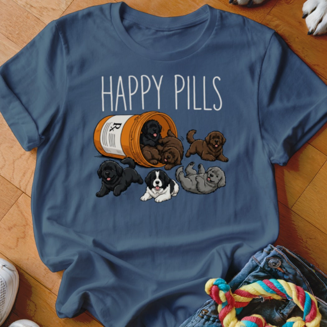 T-shirt with cartoon puppies spilling from a pill bottle labeled "HAPPY PILLS".